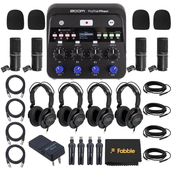 Zoom PodTrak P4next Portable Multitrack Podcast Recorder Bundle with 4 Zoom ZDM-1 Podcast Mic Packs, ZHP-1 Closed-Back Headphones, Tabletop Mic Stands, XLR Cables, Foam Windscreens, and BTA-2 Adapter