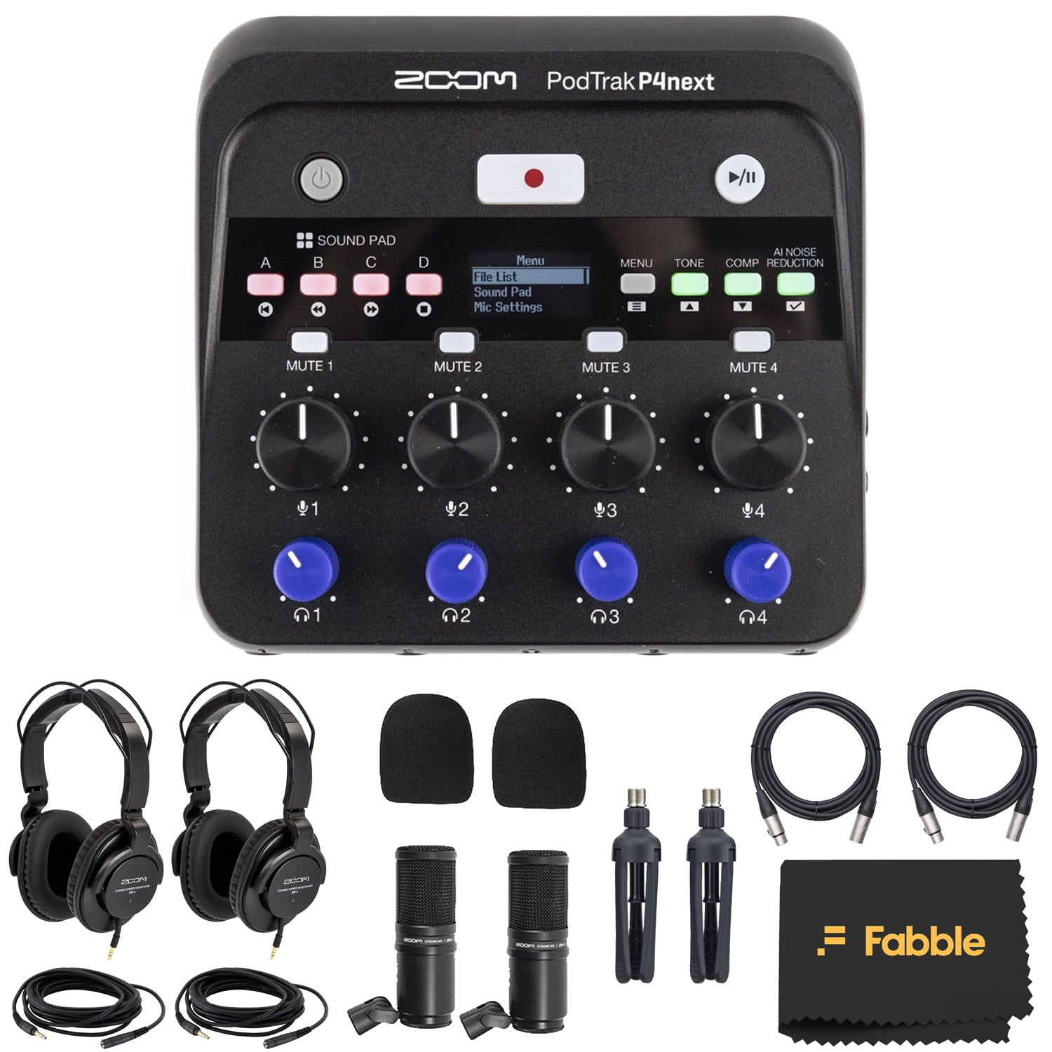 Zoom PodTrak P4next Portable Multitrack Podcast Recorder Bundle – Includes High-Quality Microphones, Comfortable Headphones, Windscreens, and Adjustable Desktop Mic Stand for Professional Podcasting