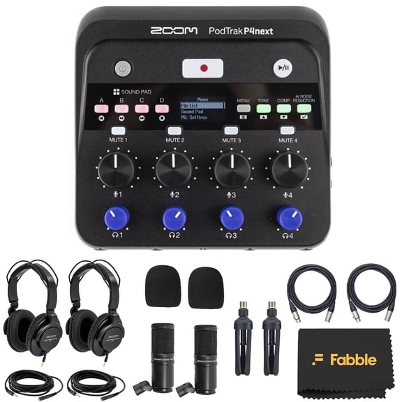 Zoom PodTrak P4next Portable Multitrack Podcast Recorder Bundle  Includes High-Quality Microphones, Comfortable Headphones, Windscreens, and Adjustable Desktop Mic Stand for Professional Podcasting