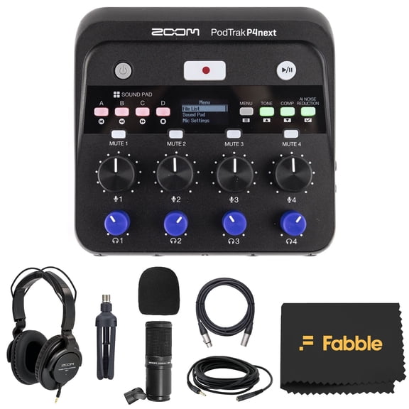 Zoom PodTrak P4next Portable Multitrack Podcast Recorder Bundle with Microphones, Headphones, Windscreens, Desktop Mic Stand, XLR Cables with a Premium Microfiber Cleaning Cloth