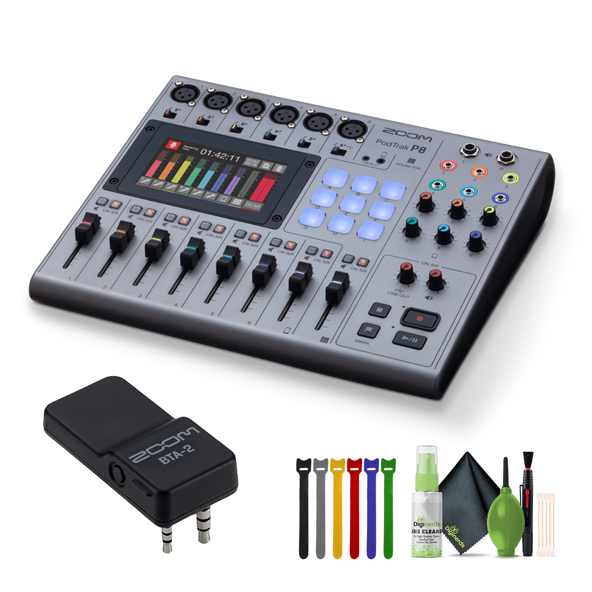 Zoom PodTrak P8 Portable Multitrack Podcast Recorder + BTA-2 Bluetooth Adapter for PodTrak Recorders + Cleaning kit + Wire Straps