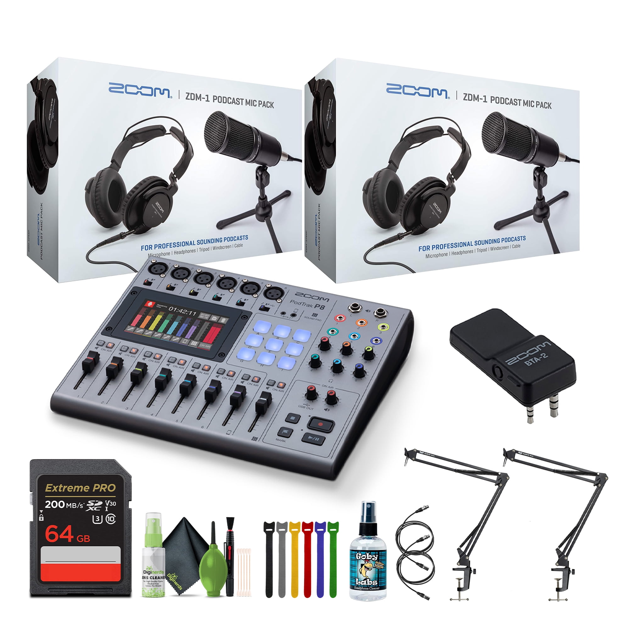 Zoom PodTrak P8 Portable Multitrack Podcast Recorder + BTA-2 Bluetooth Adapter for PodTrak Recorders + Pack of 2 Zoom ZDM-1 Podcast Mic Pack + More