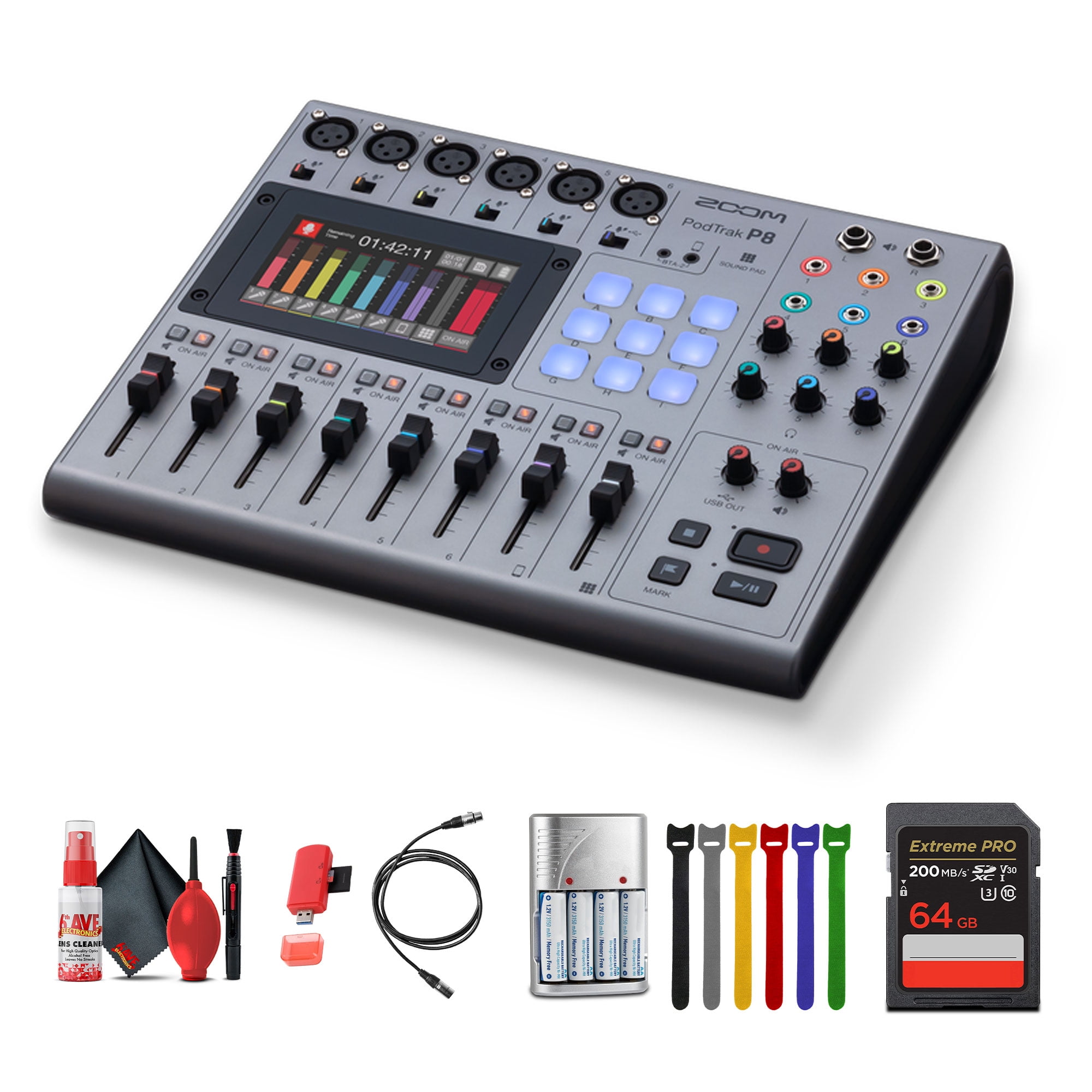 Zoom PodTrak P8 Portable Multitrack Podcast Recorder Bundle With 4x AA Batteries + Charger + Extreme PRO 64GB Memory Card + XLR Cable + Cleaning kit + 6 Pack Wire Straps + Diginerds USB Card Reader