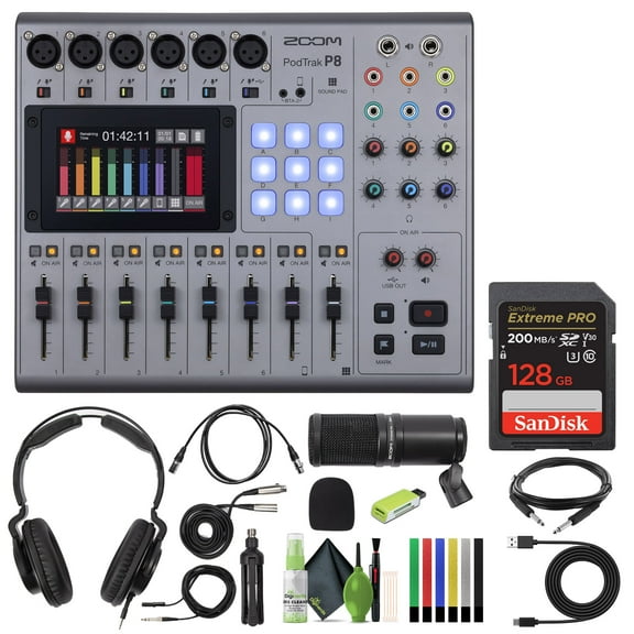Zoom PodTrak P8 Portable Multitrack Podcast Recorder + Zoom ZDM-1 Podcast Mic Pack + More