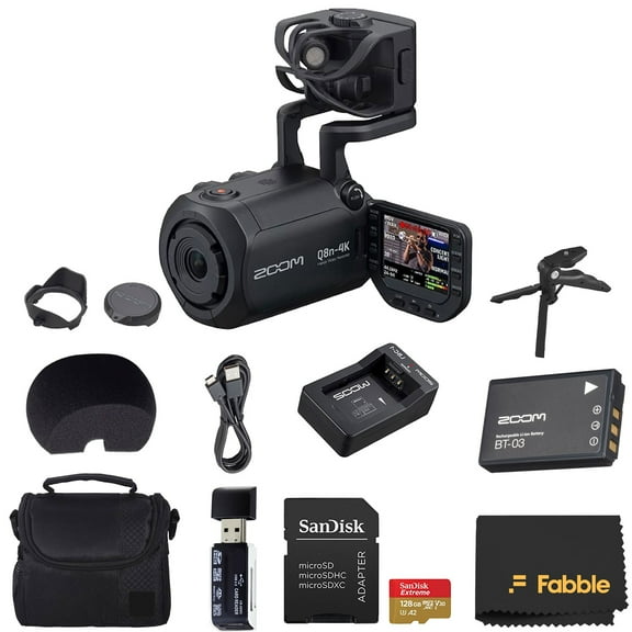 Zoom Q8n-4K Ultra HD Handy Video Recorder Bundle with 128GB microSDXC Card, Table Tripod Hand Grip, SLR Gadget Bag, USB Card Reader, Rechargeable Battery, Charger, and Microfiber Cleaning Cloth