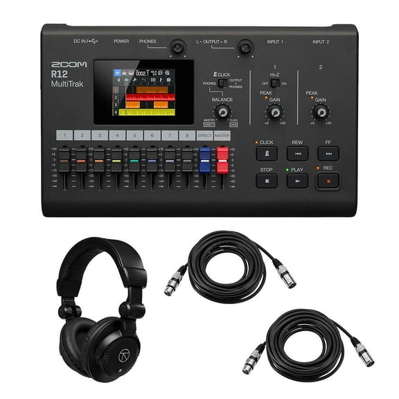 Zoom R12 MultiTrak Portable Digital Recorder and Control Surface, Bundle with TAPH100 Closed-Back Studio Monitor Headphones, 2x 25' Microphone Cable