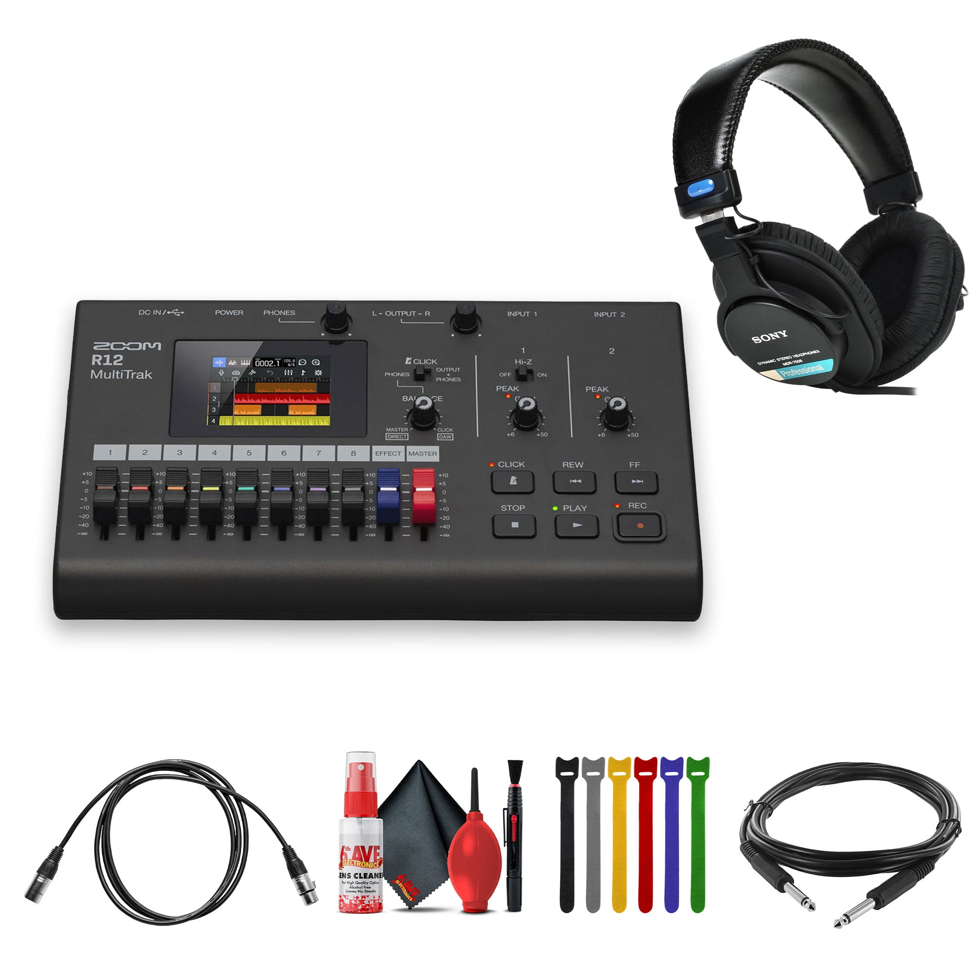 Zoom R12 MultiTrak Portable Recorder and Control Surface Bundle With MDR-7506 Professional Stereo Headphones + XLR Cable + Cleaning kit + Balanced Interconnect 1/4 inch TRS to Same Cable