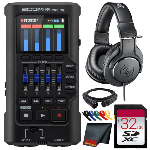 Zoom R4 Portable 4-Track Audio Recorder, 32-Bit Float Recording, Drum Patterns, USB Interface & Dual Combo Inputs (Bundle)
