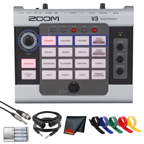 Zoom V3 Vocal Processor, Voice Effects Processor, Vocal Effects Pedal, 3-Part Harmony, Pitch Correction, 16 Studio Grade Effects, Battery Powered, for Streaming and Recording Bundle