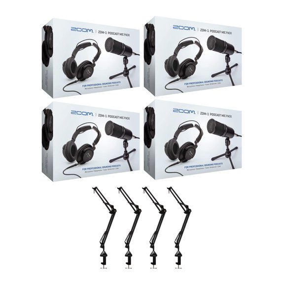 Zoom ZDM-1 4-Person Podcast Microphone Pack Accessory Bundle & Four Boom Arm