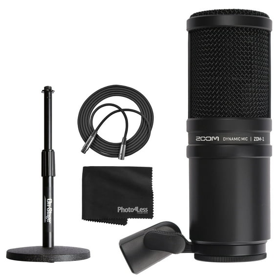 Zoom ZDM-1 Dynamic Microphone + On Stage Adjustable Desk Microphone Stand + Mic Cable XLR-M to XLR-F + Photo4Less Black Cleaning Cloth - Top Value Bundle