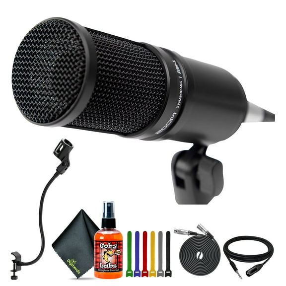 Zoom ZDM-1 Dynamic Podcasting Microphone + 8-inch Flexible Desktop Microphone Stand + xlr to 1/4 10FT + XLR to XLR 3M Balanced Interconnect Cable + Goby Labs Sanitizer Spray for Microphones