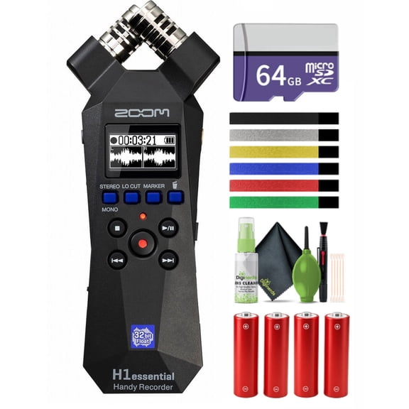 Zoom ZH1E H1essential 2-Track Handy Recorder with 32-Bit Float Recording + 4x AA Batteries with Charger + 64GB Memory Card + More