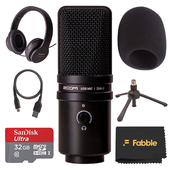 Zoom ZUM-2 Podcasting Bundle  USB Condenser Microphone, Headphones, Tripod Stand, Foam Windscreen, USB Cable, 32GB microSDHC Card w/ Adapter & Cleaning Cloth