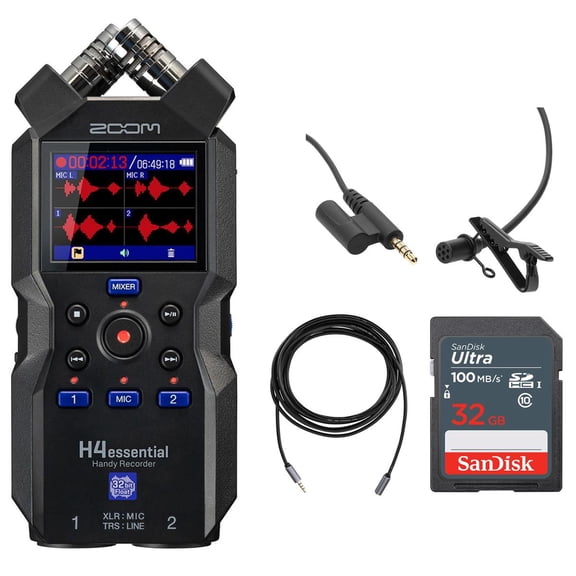 Zoom H4essential 4-Track Float Handy Recorder, w/TASL500 Lav Mic, 32GB Card
