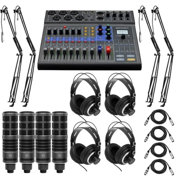 Zoom LiveTrak L-8 Portable 8-Channel Digital Mixer and Multitrack Recorder Bundle with 4x TAP300 Cardioid Dynamic Microphone, 4x Semi-Open Back Headphones, 4x Broadcast Arm, 4x Microphone Cable
