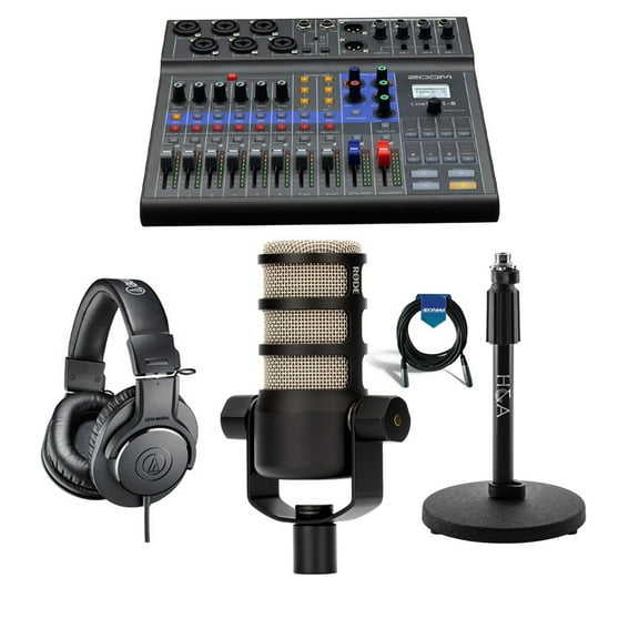 Zoom LiveTrak L-8 Portable 8-Channel Digital Mixer and Multitrack Recorder - Bundle with Rode Podcasting Microphone with Swing Arm, ATH-M20x Pro Monitor Headphones, HA Tabletop Mic Stand, Cable