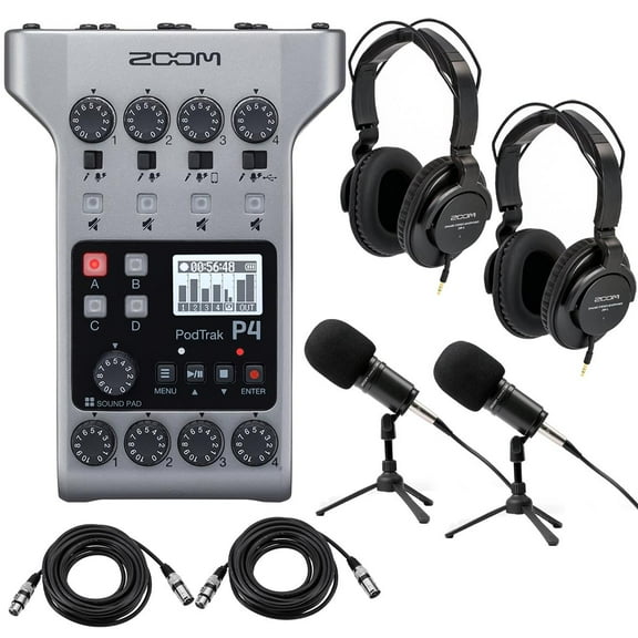 Zoom Zoom PodTrak P4 Podcast Recorder Bundle with 2x Zoom ZDM-1 Podcast Microphone Pack, 2x H&A Elite Pro 25' XLR M to XLR F Microphone Cable with Rean Connectors