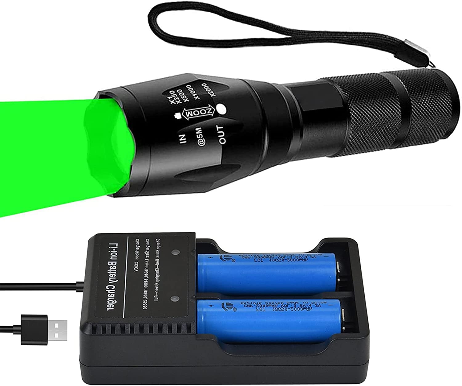 Zoomable Green Light Flashlight, Hunting Flashlight for Hunting Night Vision Zoomable Green Head