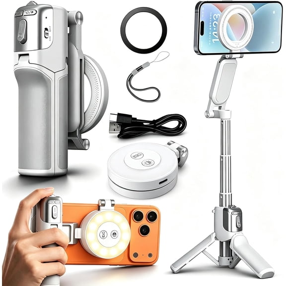 Zoomable Magnetic Palm Grip - Phone Camera Grip with Selfie Stick Tripod, Magnetic Selfie Stick & Tripod with 360° Rotation Stand, LED Fill Light for iPhone/Android Phone,White + Fill Light