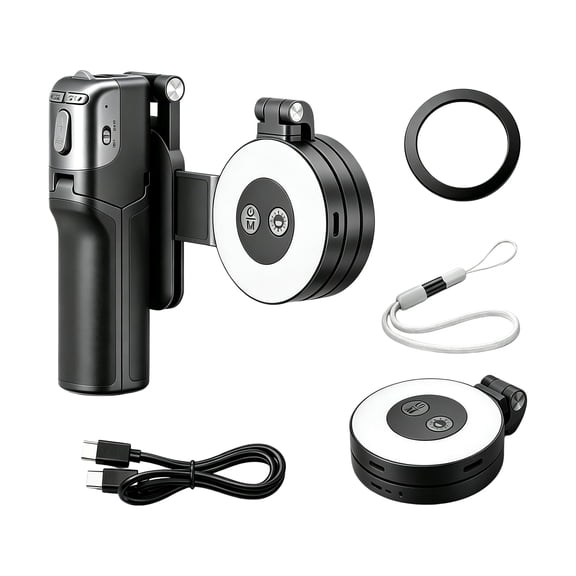 Zoomable Magnetic Palm Grip | Selfie Stick & Tripod | Phone Camera Grip with Selfie Stick Tripod | 180° Rotation Portable Extendable Phone Stand with LED Fill Light for iPhone/Android Phone