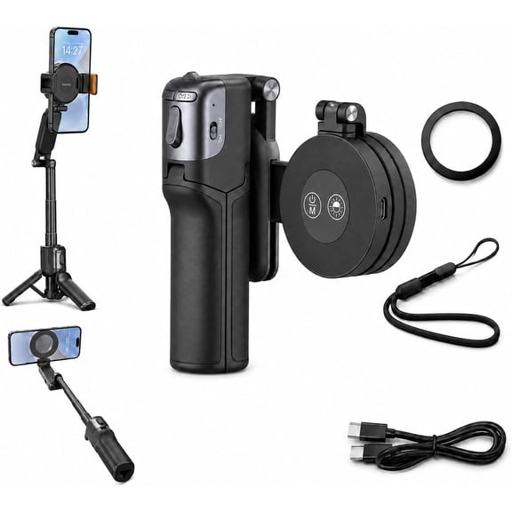Zoomable Magnetic Palm Grip, Upgraded Selfie Stick & Tripod,180° Rotation Extendable, Phone Camera Grip with Zoom, LED Fill Light & Bluetooth, Universal Fit for iPhone/Android Phone