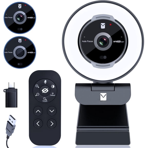 Zoomable Webcam with Remote Control, 1080P 60FPS Streaming with Ring Light and Microphone, Pro USB Webcam with 5X Digital Zoom and Cover for Zoom/Skype/Teams/PC/Laptop/