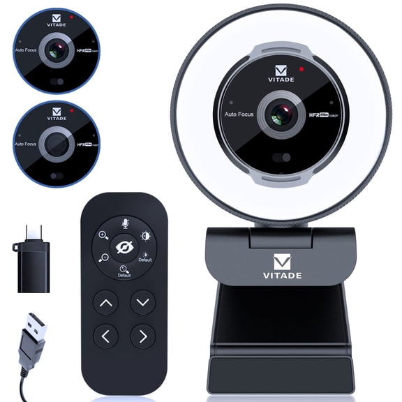 Zoomable Webcam with Remote Control, 1080P 60FPS Streaming with Ring Light and Microphone, Pro USB Webcam with 5X Digital Zoom and Privacy Cover for Zoom/Skype/Teams/PC/Laptop/Mac
