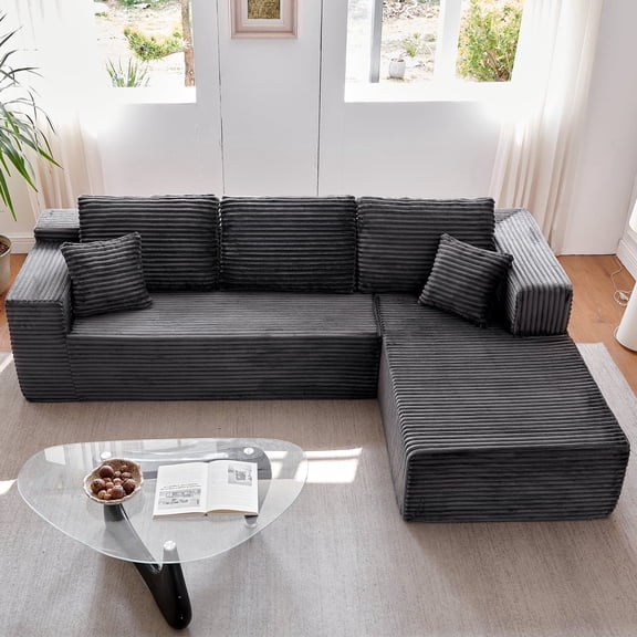 Zoopower 106" Cloud Sectional Couch, L-Shape Convertible Modular Sectional Sofa, Corduroy Boneless Couch for Living Room, Black