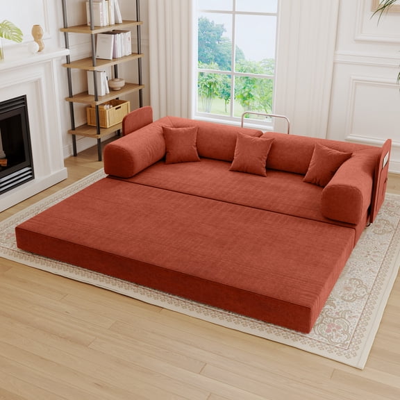 Zoopower 79" Floor Futon Sofa Bed for Living Room, Convertible Corduroy Sleeper Couch Bed, Foldable Boneless Loveseat Couch for Bedroom, Orange