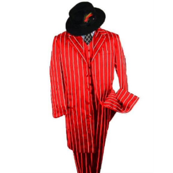 Zoot Suit - Pimp Suit - Zuit Suit AMM282 SHIMMERY GANGSTER Black And Bold Pronounce Red ~ White Pinstripe Fashion