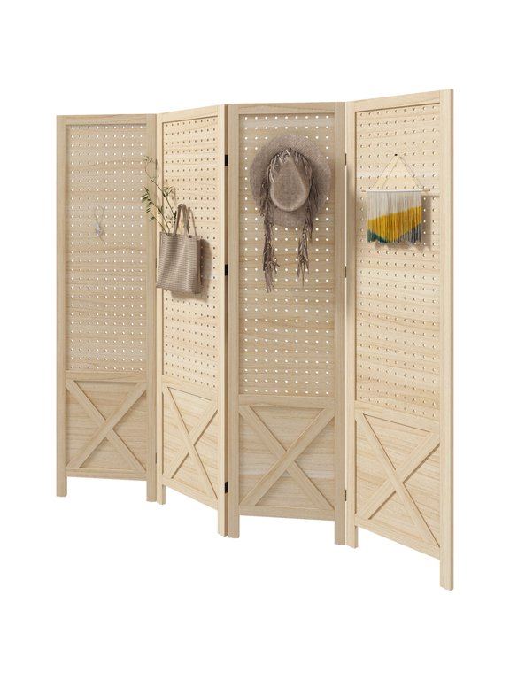4 Panel Wooden Room Divider, 59.75" W x 57" H Folding Privacy Screen with Pegboard, Solid Paulownia Wood, No Assembly, Indoor