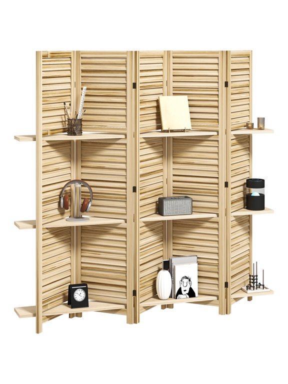 5 Panel Paulownia Wood Room Divider with 3 Shelves, 67in Folding Privacy Screen, No Assembly