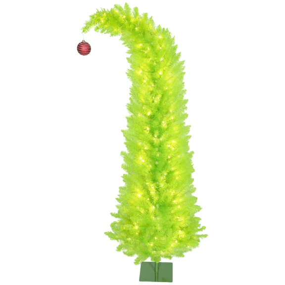 Zootealy 6 ft Bent Top Whimsical Christmas Tree, Pencil Xmas Tree with with Red Ball, Metal Base, Prelit with 230 LED Lights