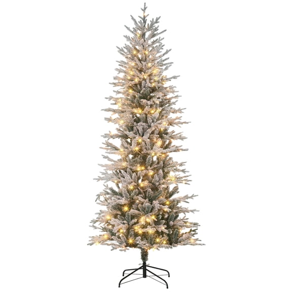 Zootealy 7.5' Pre Lit Artificial Flocked Christmas Trees, with Snow Branches, Warm Yellow Clear Lights, Auto Open, Extra Bulb