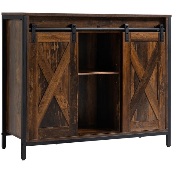 Zootealy Buffet Cabinet With Sliding Barn Doors, Adjustable Shelves Sideboard for Dining Room, 35.5 Inch, Rustic Brown