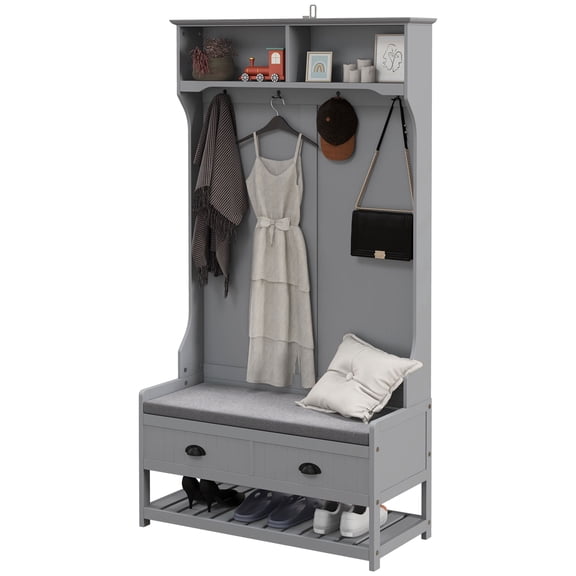 Zootealy Gray Hall Tree 3-in-1 Entryway Bench with Coat Rack, Shoe Rack, Drawers, 35in
