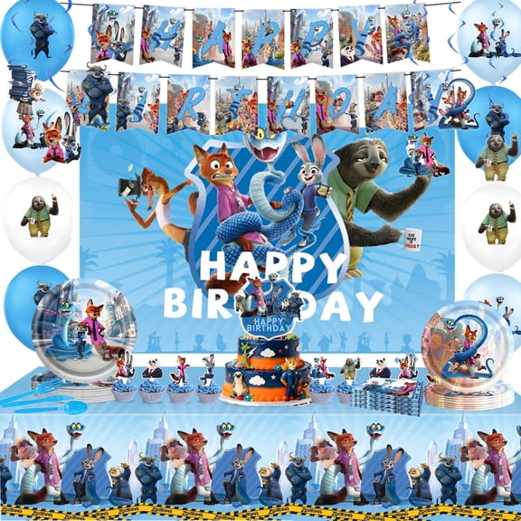 Zootopia Birthday Party Supplies - Birthday Party Decorations Include Balloon Decorations, Banner, Backdrop, Plates,,Napkins,Knives, Spoons and Forks,Cake & Cupcake Toppers, Tablecloth