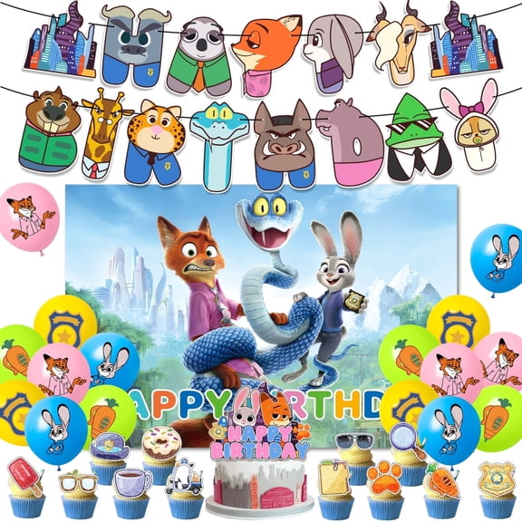 Zootopia Theme Cartoon style Birthday Decoration KitsParty SuppliesIncluding Banner, Balloons, Cake Toppers, Cupcake ToppersBackground Flag.