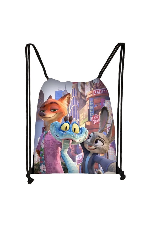 Zootopia drawstring large capacity backpack,Fox and Rabbit Caressing the Snake cartoon anime outdoor sports and fitness bag, drawstring storage bag, unisex yoga bag