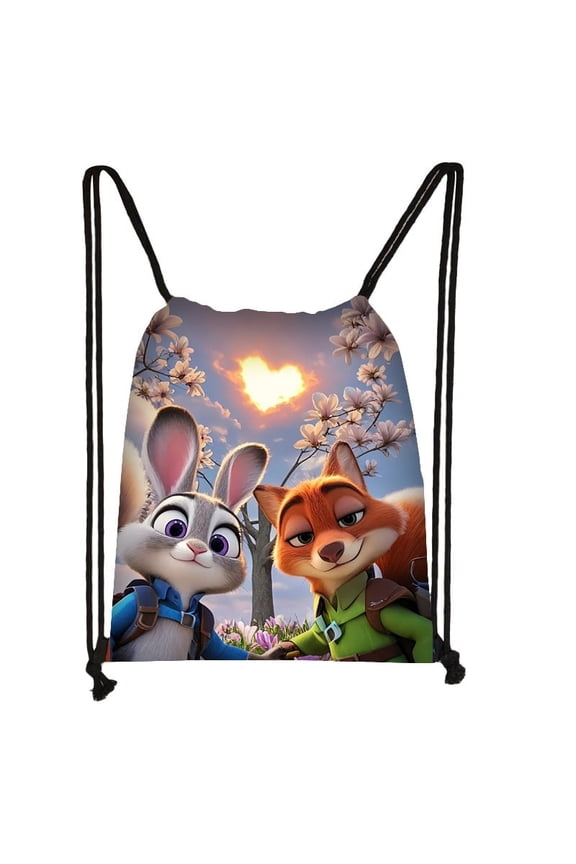 Zootopia drawstring large capacity backpack,Fox and Rabbit Under the Cherry Blossoms cartoon anime outdoor sports and fitness bag, drawstring storage bag, unisex yoga bag