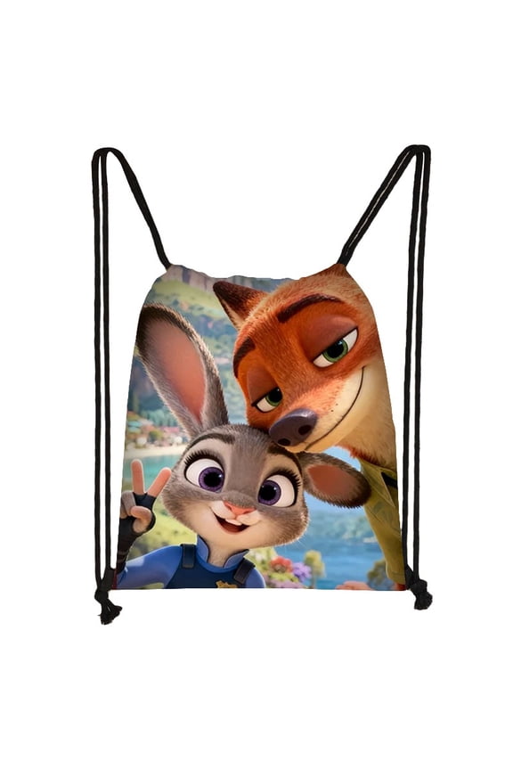 Zootopia drawstring large capacity backpack,Fox and Rabbit in a Group Photo cartoon anime outdoor sports and fitness bag, drawstring storage bag, unisex yoga bag
