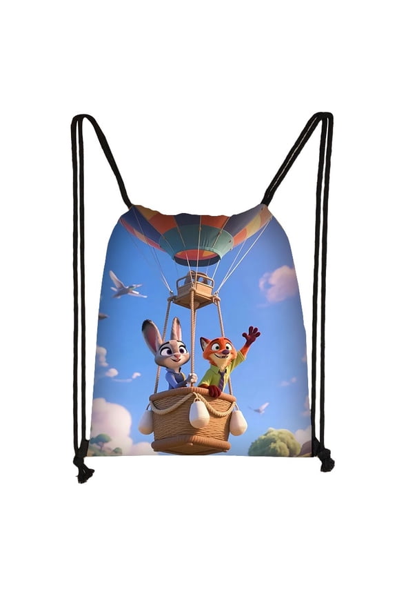 Zootopia drawstring large capacity backpack,Fox and Rabbit in a Hot Air Balloon cartoon anime outdoor sports and fitness bag, drawstring storage bag, unisex yoga bag