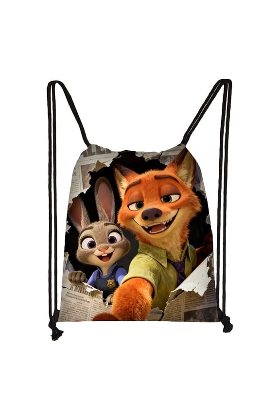 Zootopia drawstring large capacity backpack,Fox and Rabbit with Old Newspapers cartoon anime outdoor sports and fitness bag, drawstring storage bag, unisex yoga bag