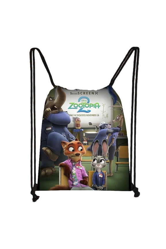 Zootopia drawstring large capacity backpack,Fox and Rabbit Partners cartoon anime outdoor sports and fitness bag, drawstring storage bag, unisex yoga bag