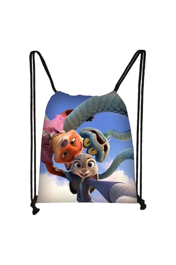 Zootopia drawstring large capacity backpack,Fox, Rabbit, and Snake in an Embrace cartoon anime outdoor sports and fitness bag, drawstring storage bag, unisex yoga bag