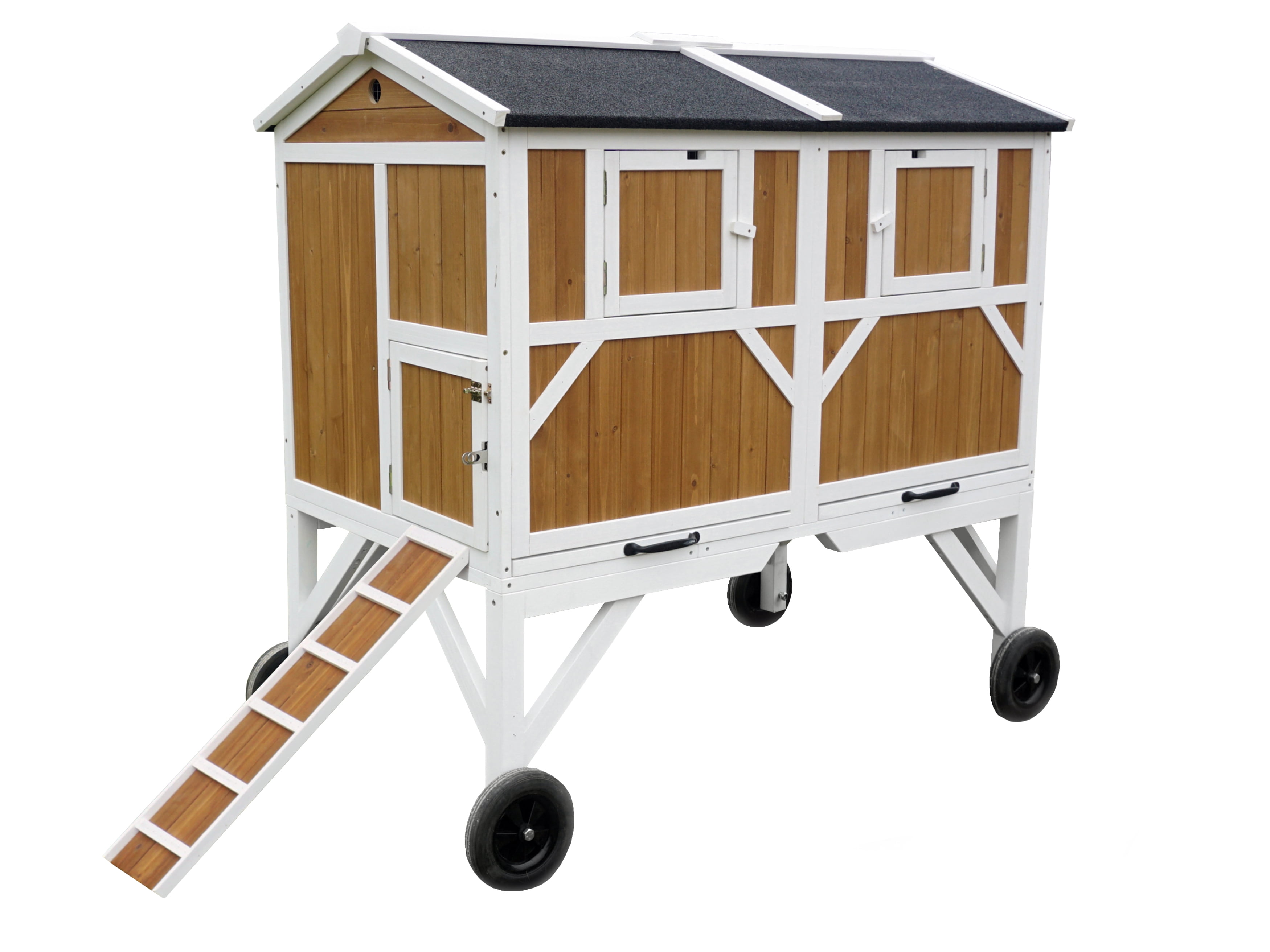 Natural Wood and White Free-Range Chicken Coop with Wheels