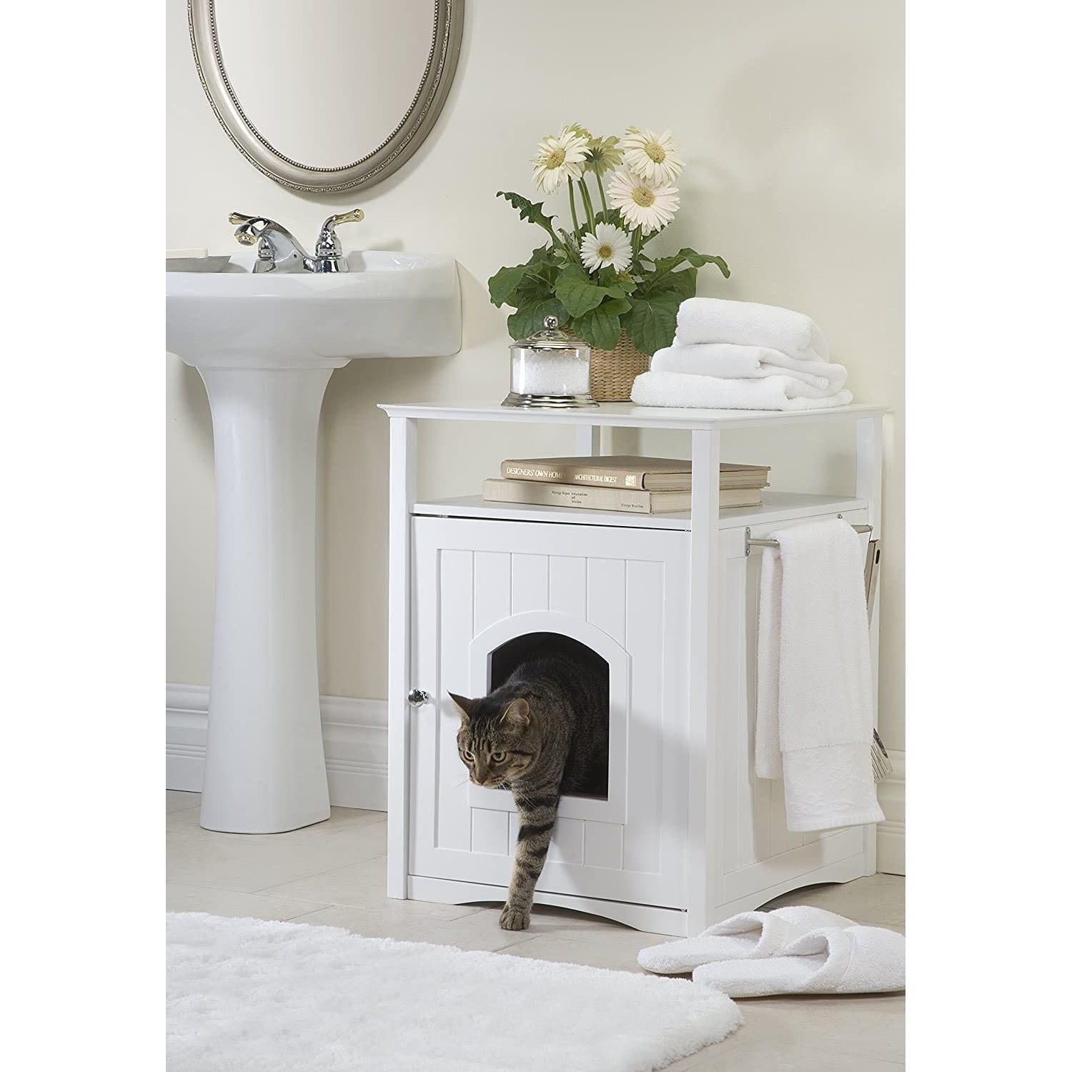 White Wooden Cat Washroom Night Stand Pet House