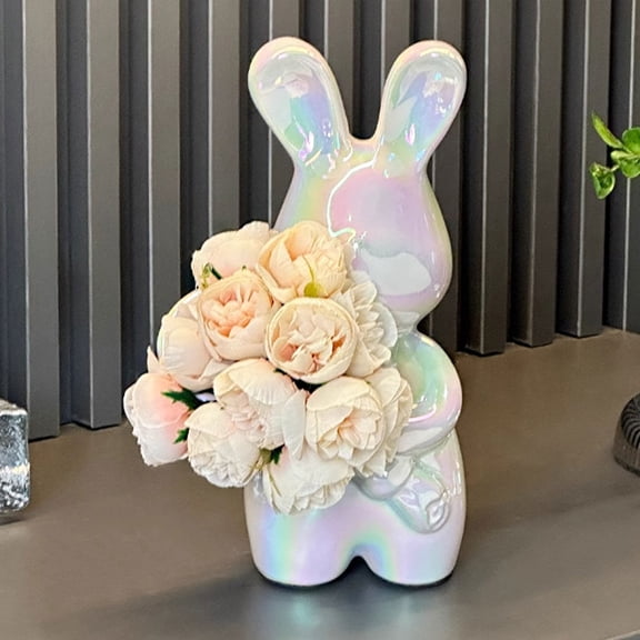 Zoowood Ceramic Bunny Flower Vase Adorable Iridescent Easter Rabbit Desktop Ornament with Artificial Roses for Spring Home Decor