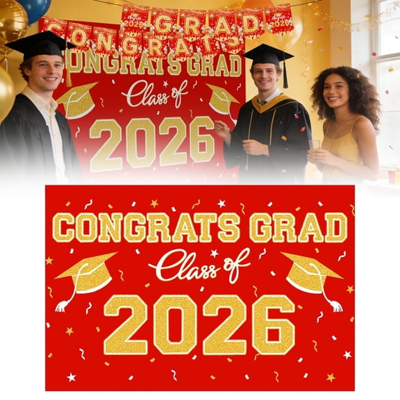 Zoowood Class of 2026 Decorations Red Gold Backdrop 1 Pc Graduation Party Background 2026 Grad Decor Photo Booth Props